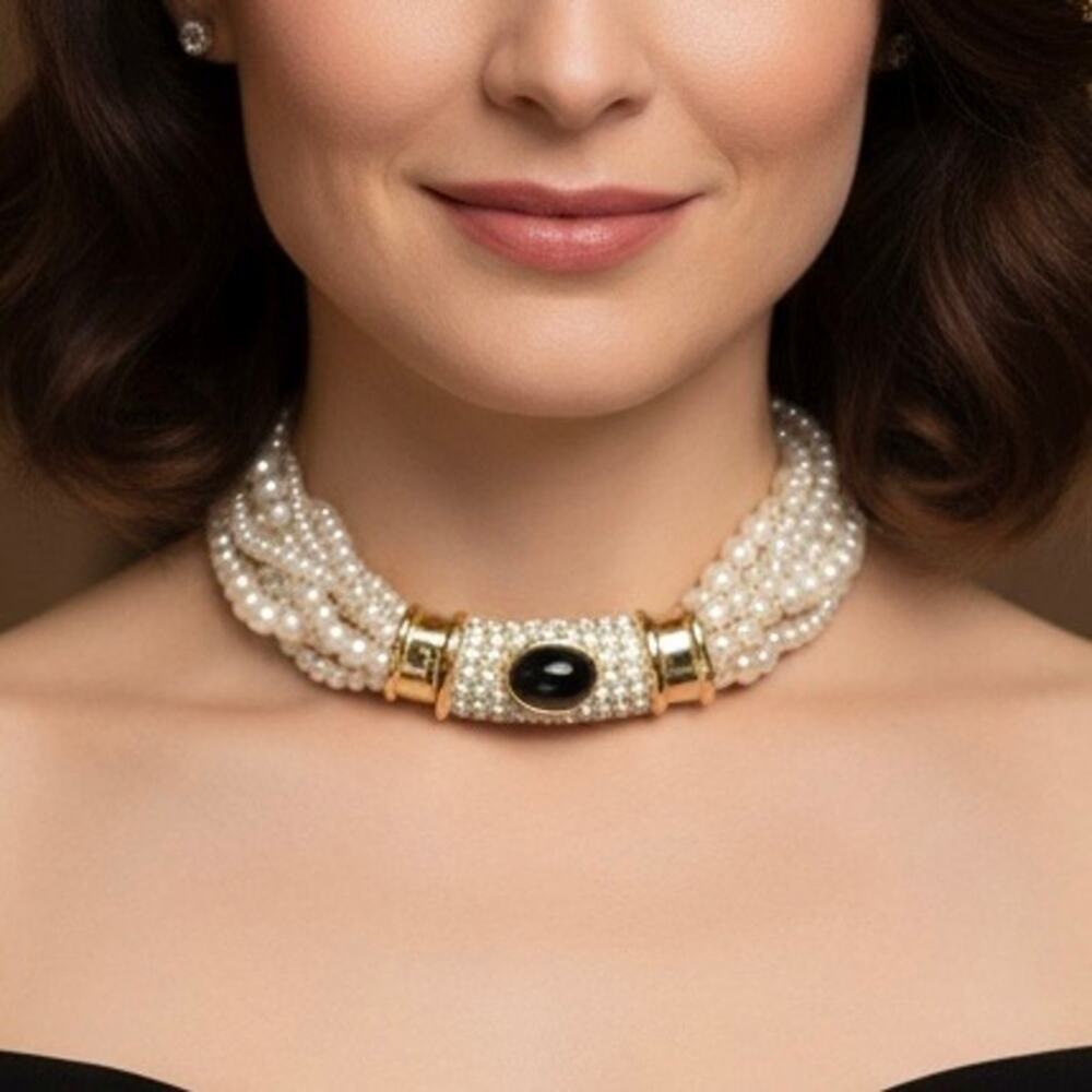 Multi Strand Art Deco Style Faux Pearl & CZ Choker